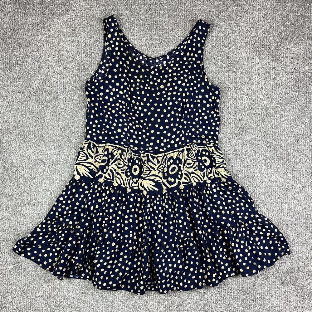 Vintage All That Jazz Dress Womens 9/10 Navy Blue Polka Dot Floral Boho USA 90s